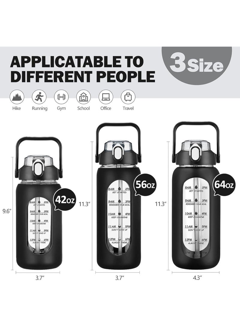kunshao 64oz (2L) Motivational Glass Water Bottle with Straw & Silicone Sleeve, Half Gallon Large Leakproof Water Jug with Time Marker for Gym, Home & Office (Black) - Image 3